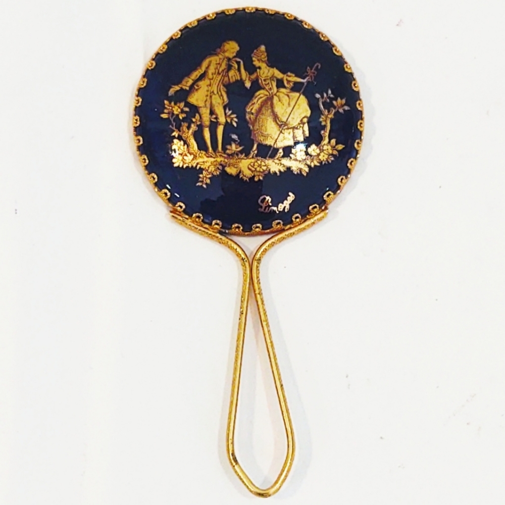 Vintage Limoges Cobalt Blue Porcelain Topped Gold Hand Mirror